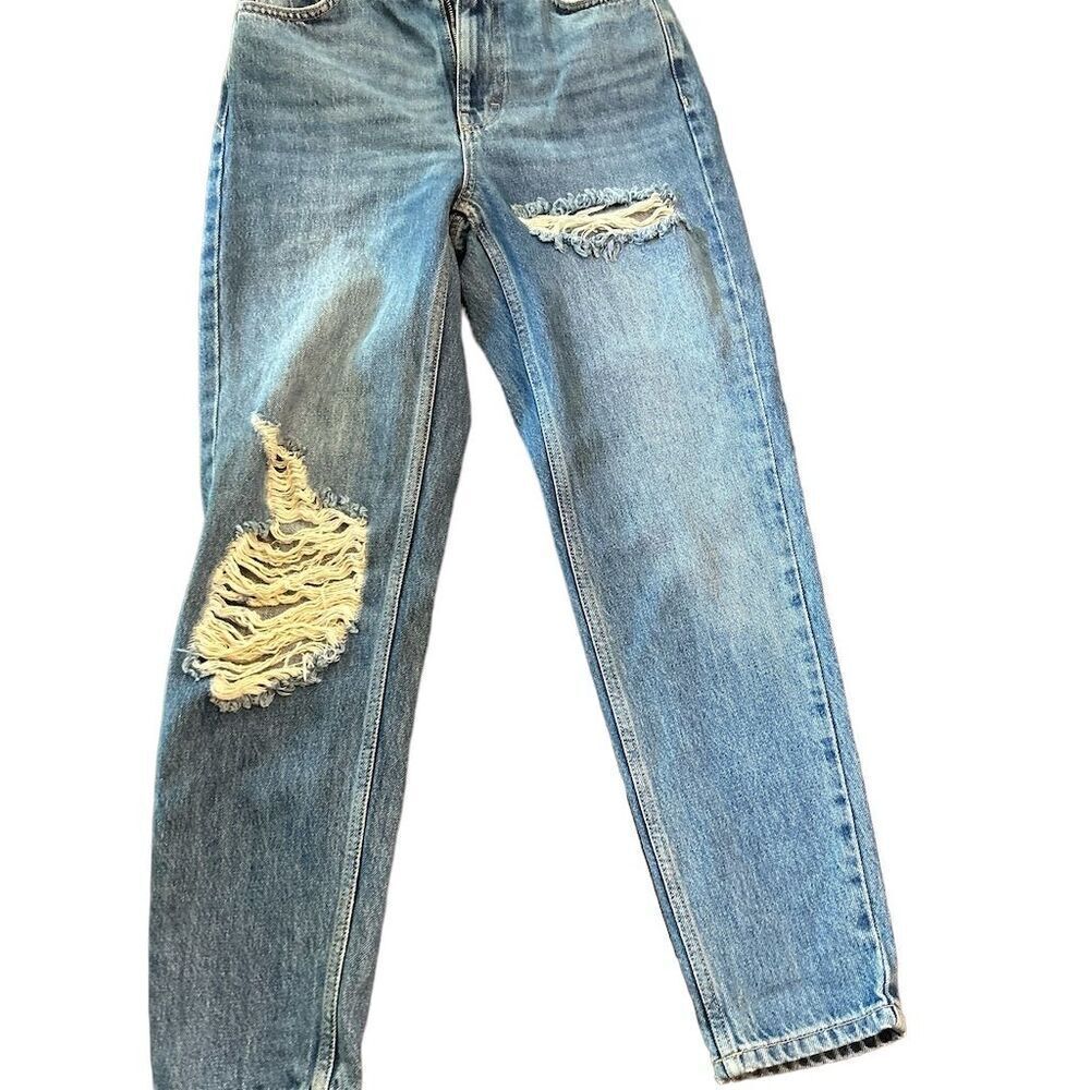 Topshop Women's Mom‎ Jeans Size 2 Blue High-Waisted Distressed Denim W25 L30